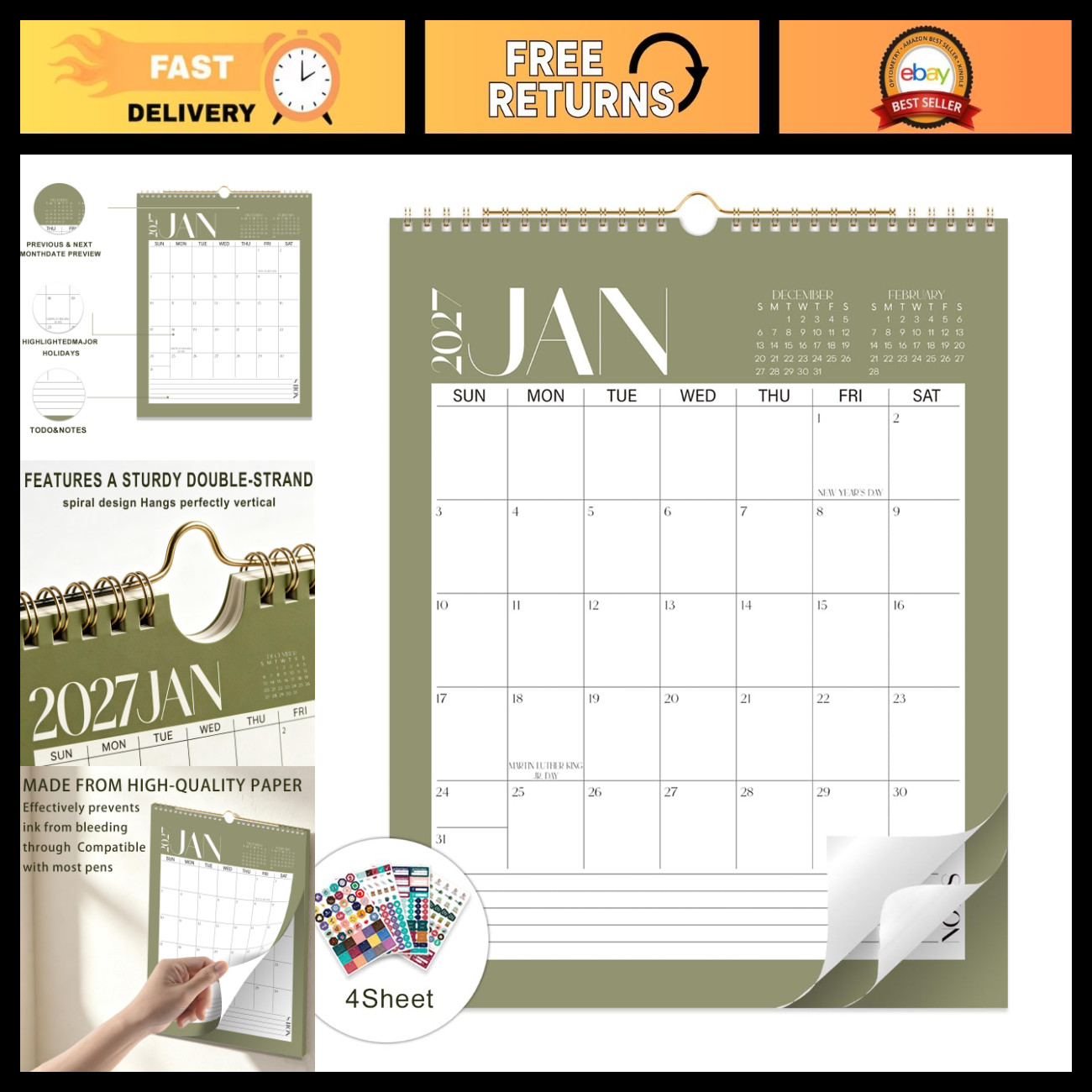 Large 18-Month Wall Calendar 2027-2028, Spiral Bound Monthly Planner, Bonus Stic