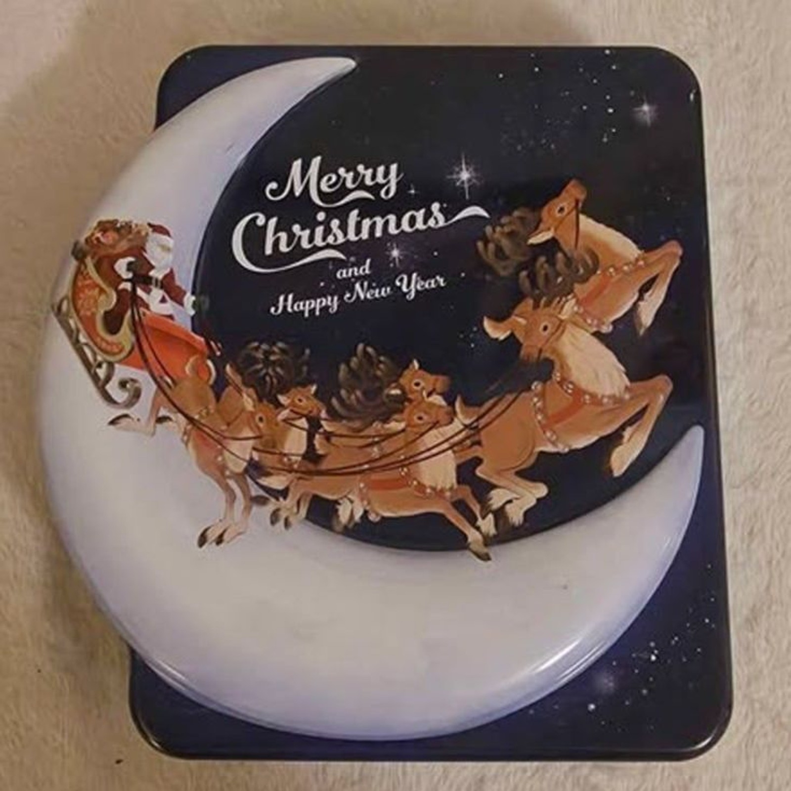 Vintage Style Santa and Reindeer Christmas Tin