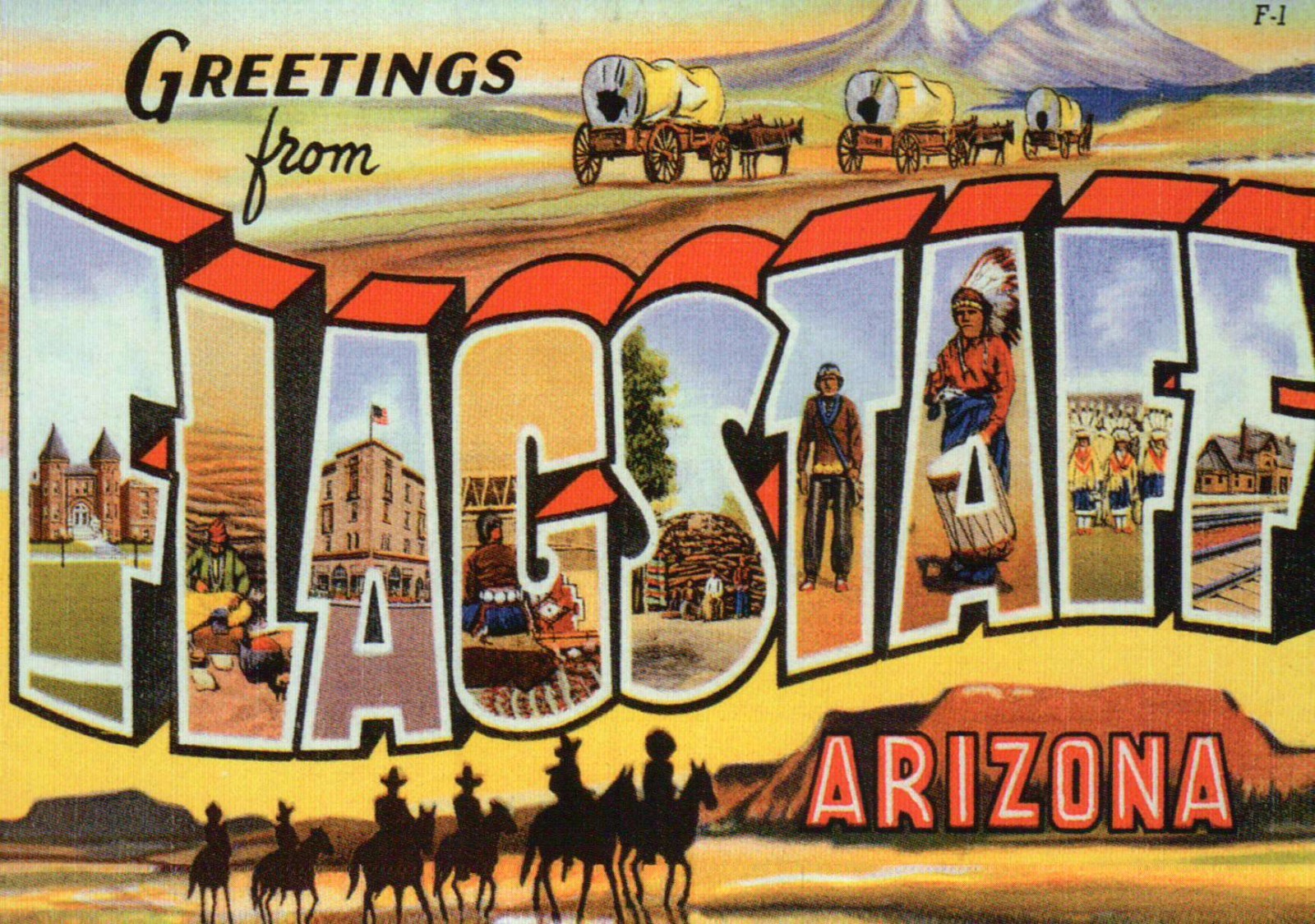 Greetings from Flagstaff Arizona, Covered Wagons -- Modern Large Letter Postcard Greetings from Flagstaff Arizona, Covered Wagons -- Modern Large Letter Postcard