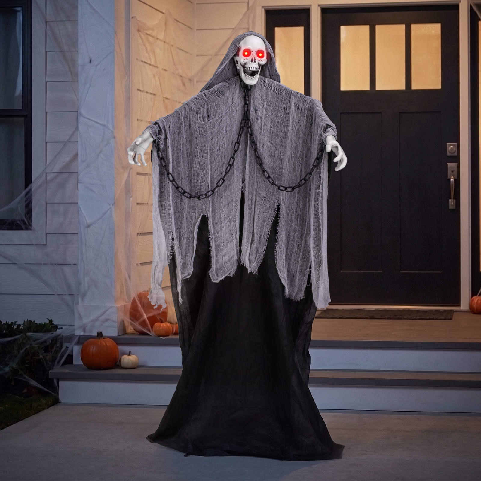 6Ft Halloween Animatronic Grim Reaper with LED Eyes Creepy Sounds for Yard Porch