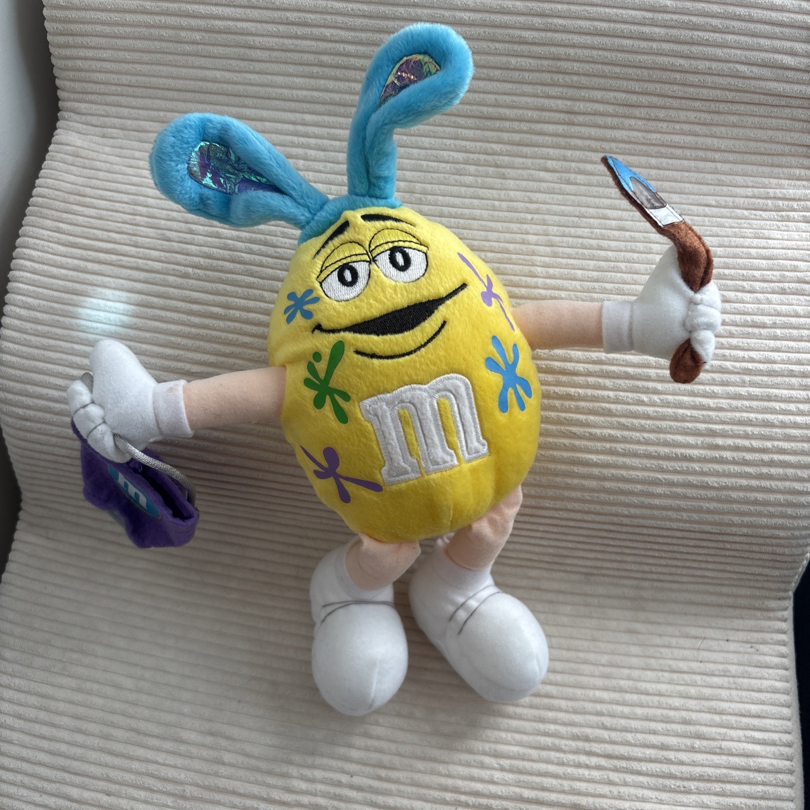 Vintage 2005 YELLOW M&M\'s Candy Plush Doll Easter Bunny Ears Paintbrush 12”
