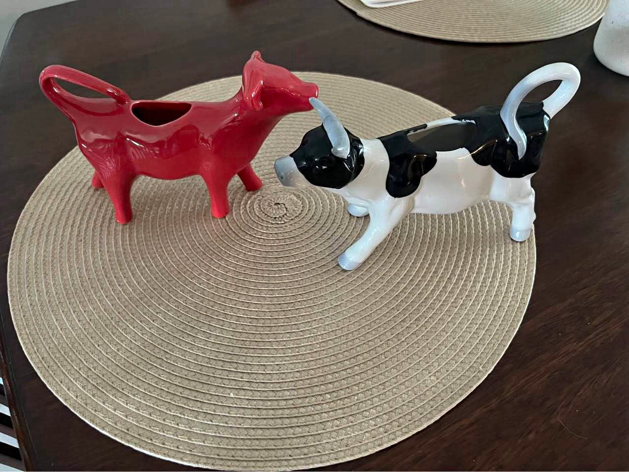 Ceramic Cow Shaped Creamers Set - Red Cow & Black and White Cow Figurine