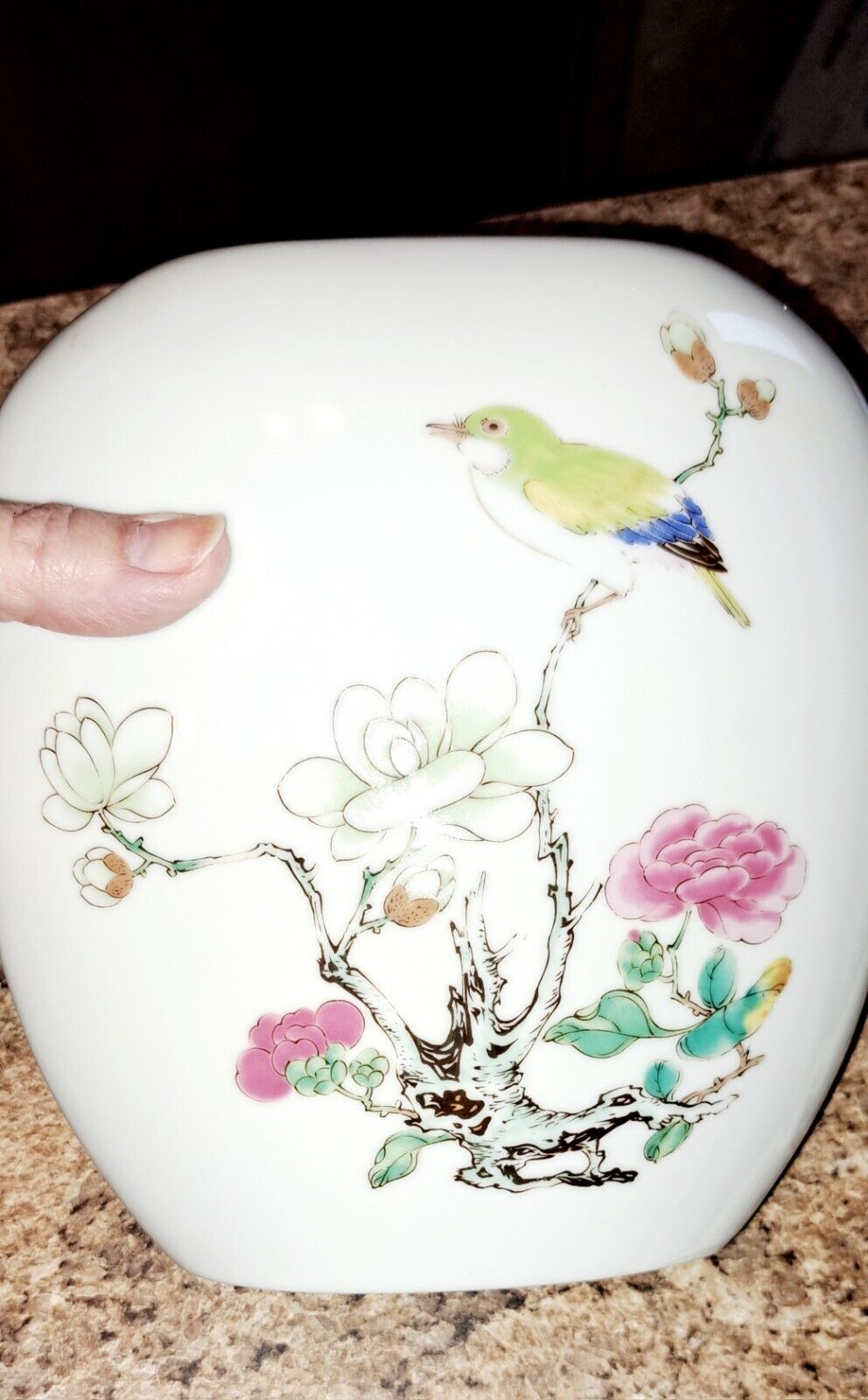 Gorgeous Vintage Otagiri Oval  Pillow Vase Gold Trim Flowers With BIRDS