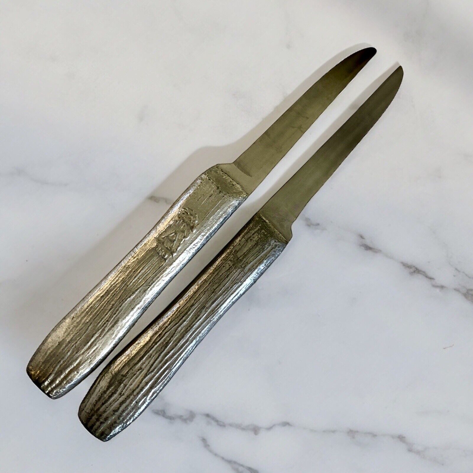 2 Vintage Aycock Aluminum Paring Knives Serrated Metal Handles 6”