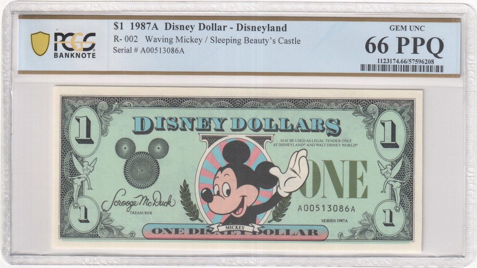 1987A R-002 $1 Disney Dollar Waving Mickey/Sleeping Beauty's Castle PCGS 66 PPQ