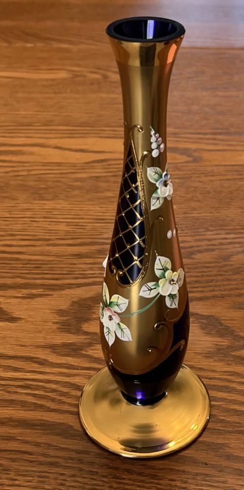 Vintage Cobalt Blue Czech Egermann 8” Vase Hand Painted, Enamel Floral Dogwood