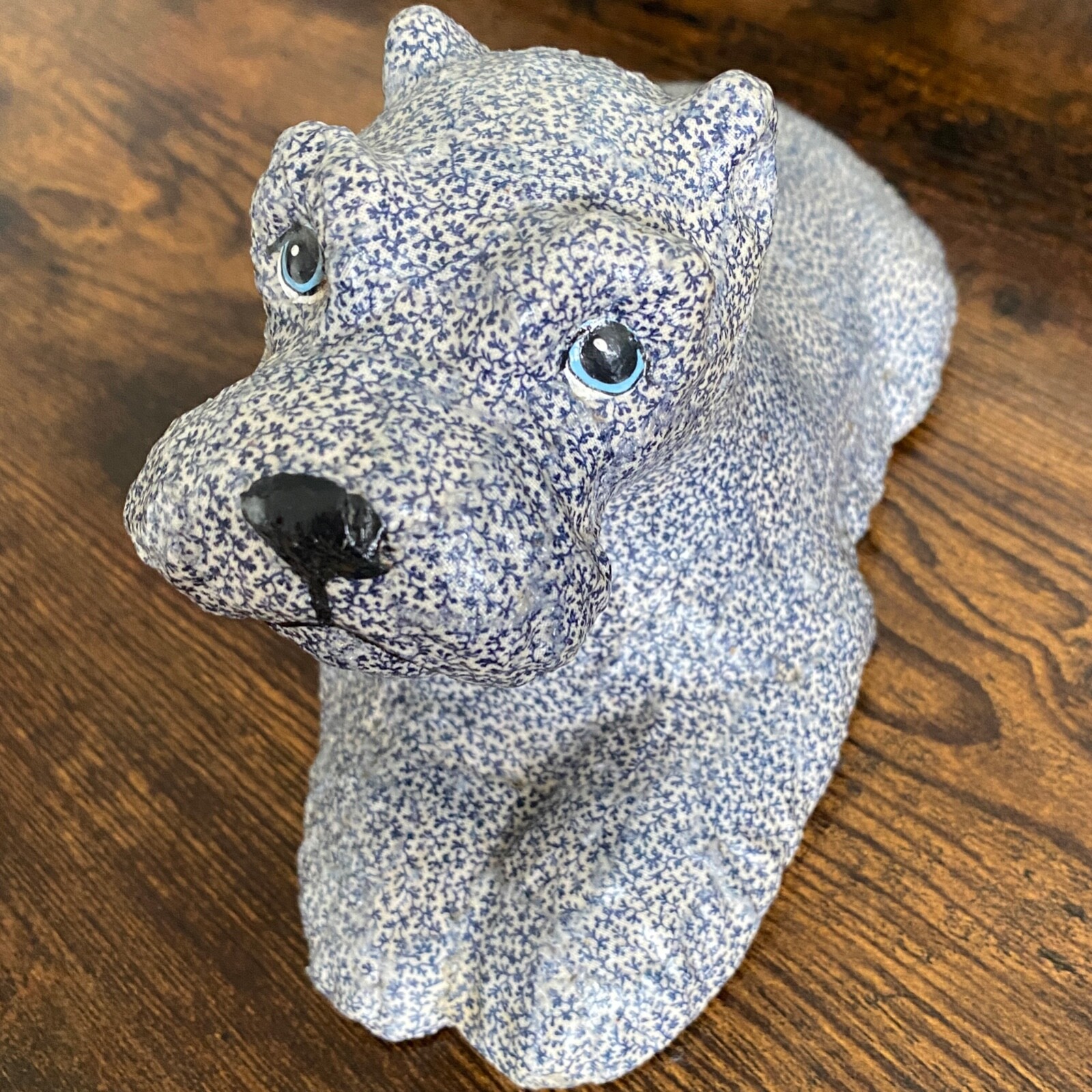 Schnauzer Dog Puppy Figurine Statue Laying Down Blue White Floral