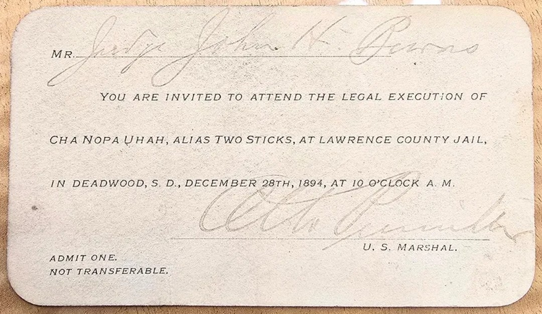 1894 Native American Chief Two Sticks Deadwood Execution Invitation Judge Burns