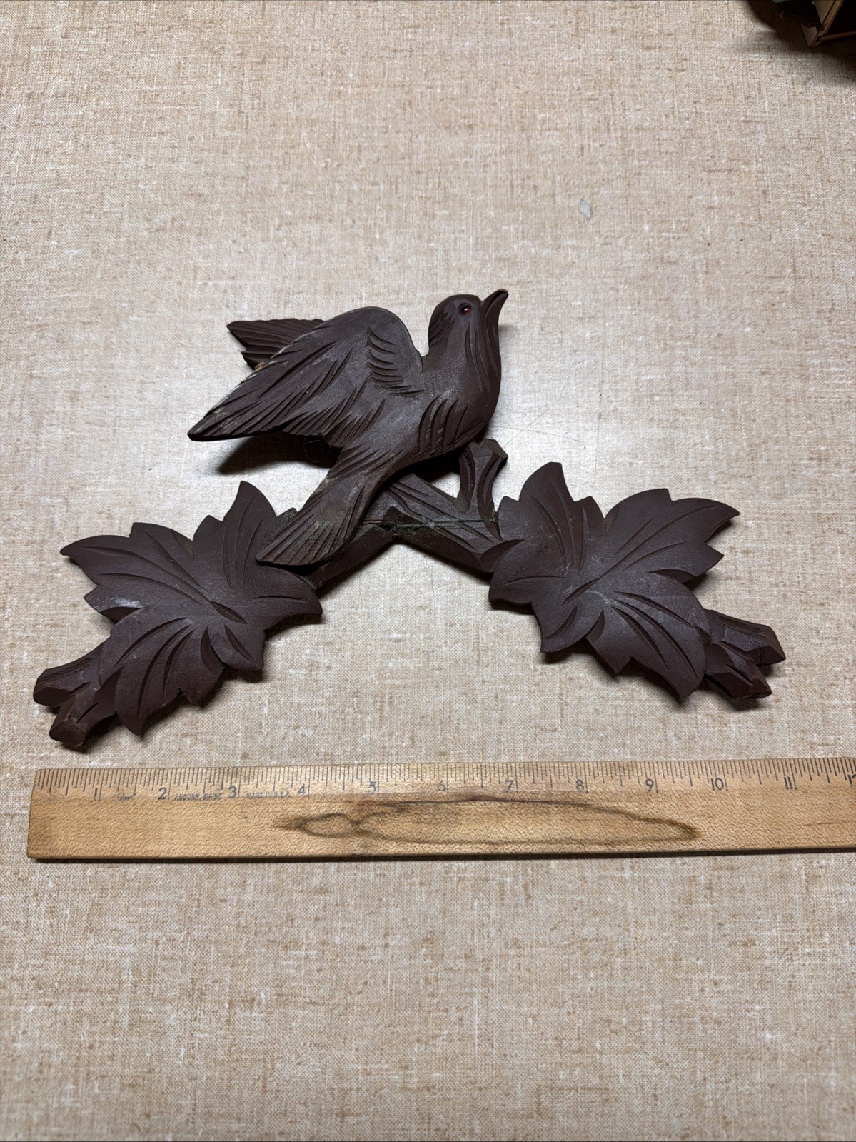 Vintage German Cuckoo Clock Wood Maple Leaf Bird case trim Topper Part