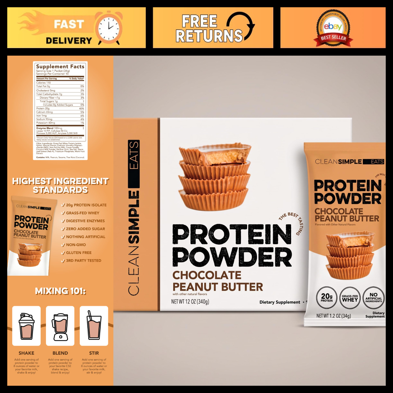 Clean Simple Eats Whey Isolate Protein, Choc Peanut Butter, 10 Stick Packs