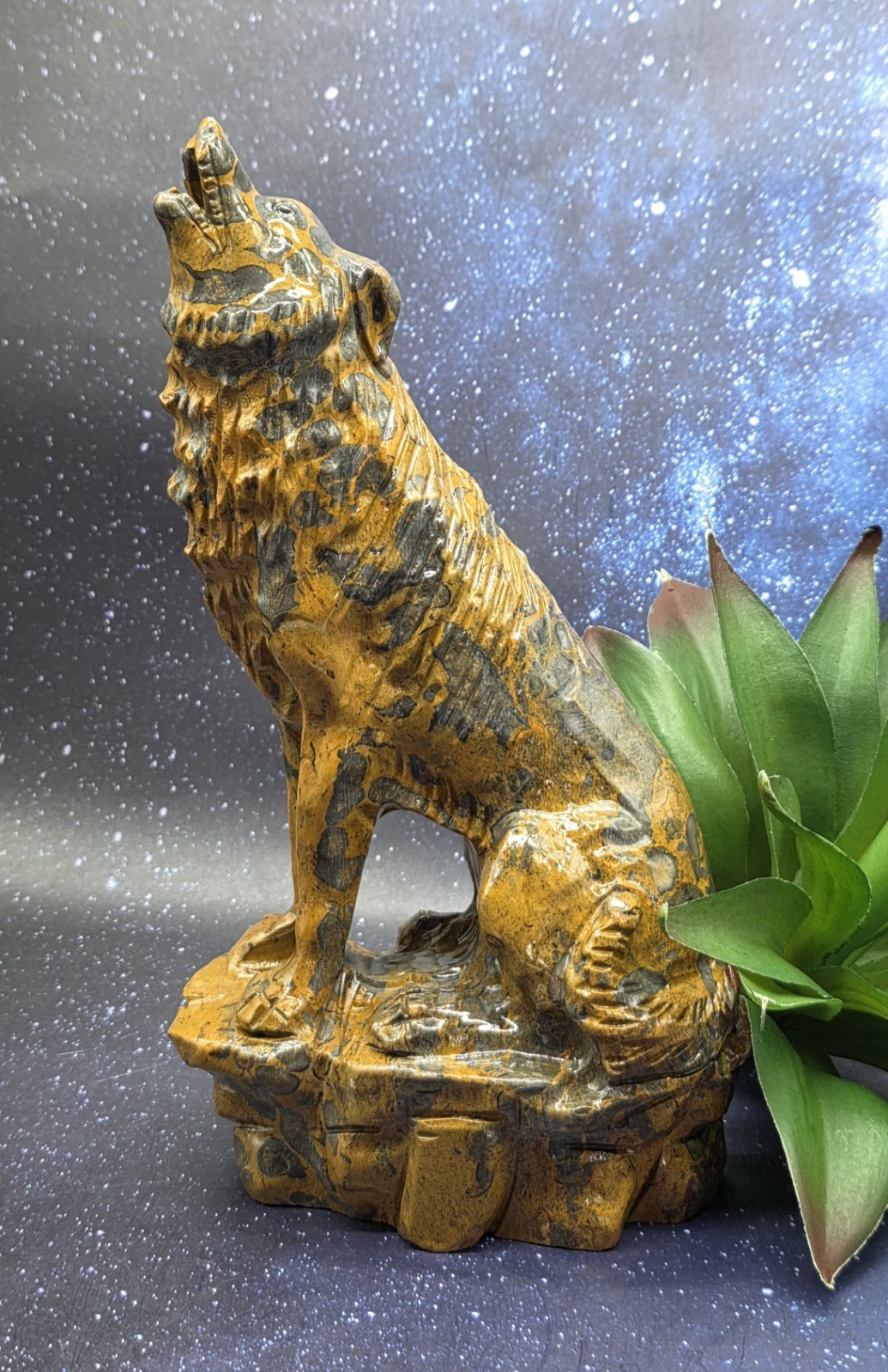 Large Mountain Jasper Hand Carved Wolf, Crystal Wolf Howling Wolf Display Piece 