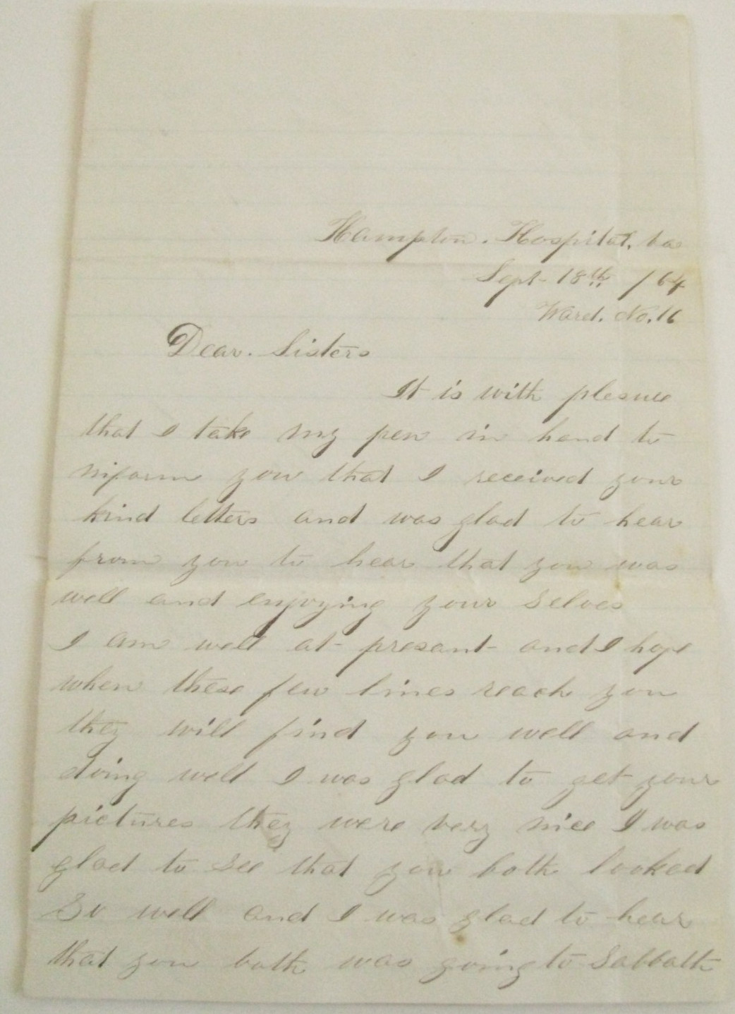 CIVIL WAR  19TH WISCONSIN SOLDIER LETTER HAMPTON HOSPITAL 1864