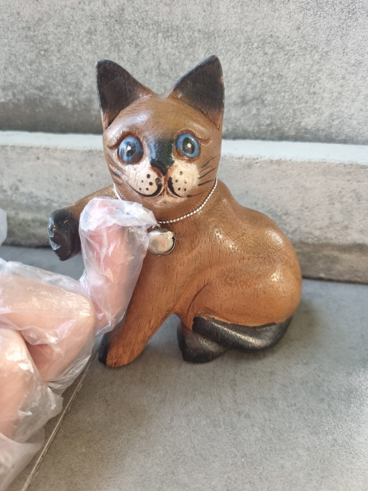 Wood Cat Figurine Raise Right Foot Beckon Hug Lover Bell Collar Vintage Decor 4\