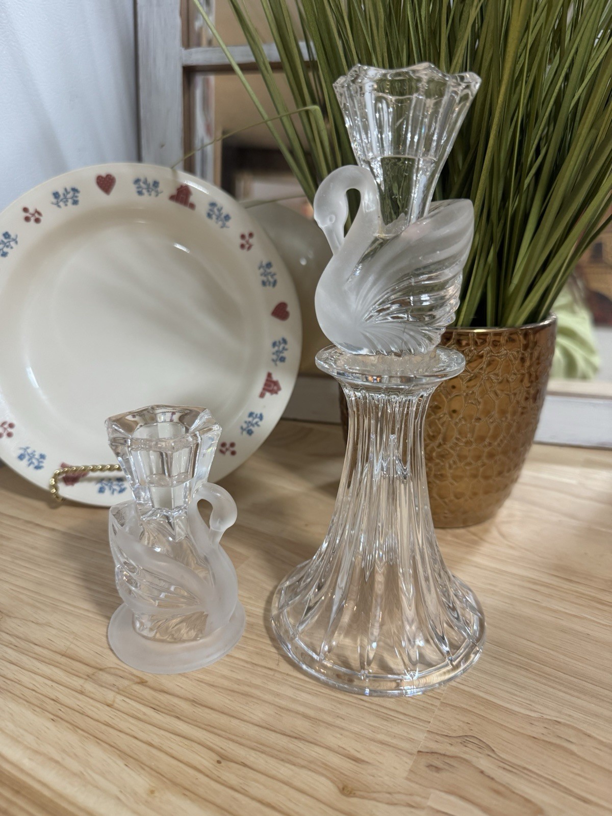 PartyLite Crystal Frosted Vintage Glass Swan Taper Candle Holders Set Of Two PartyLite Crystal Frosted Vintage Glass Swan Taper Candle Holders Set Of Two
