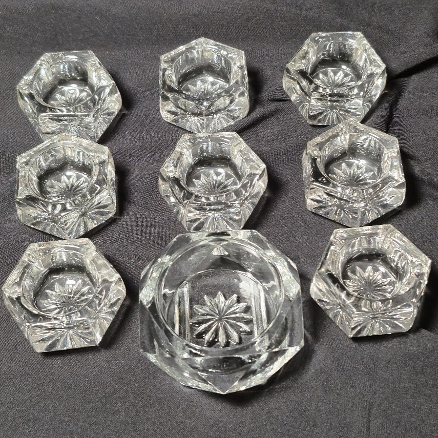 Set of 9 Salt Cellars 8 Individual 1 Master 6 Sided Minimal Wear Vintage