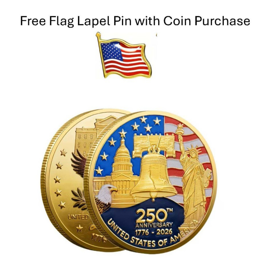USA 250th Anniversary Independence 1776-2026 US Coin + Free Flag Lapel Pin