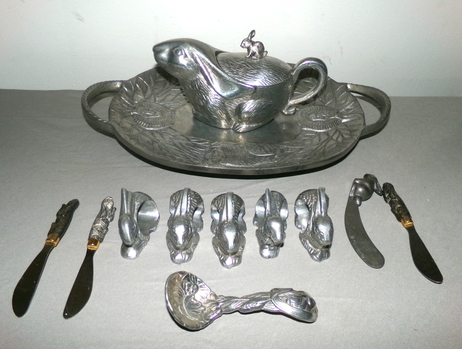 Vintage Arthur Court Rabbit Themed Gravy Boat with Tray Napkin Rings and Knives