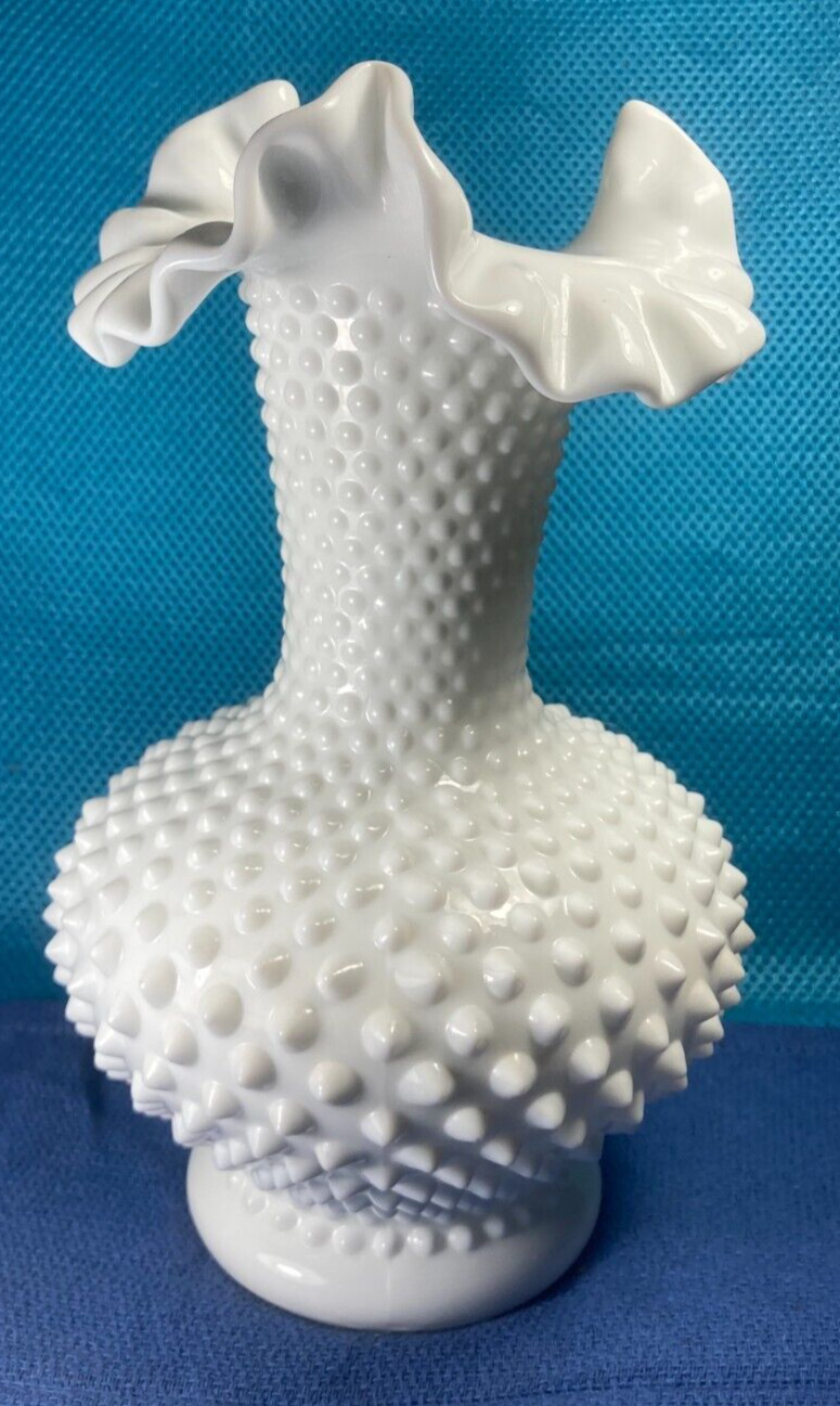 Vintage Large Fenton White Milk Glass Hobnail Ruffled Crimped Stamped Vase 10.5”