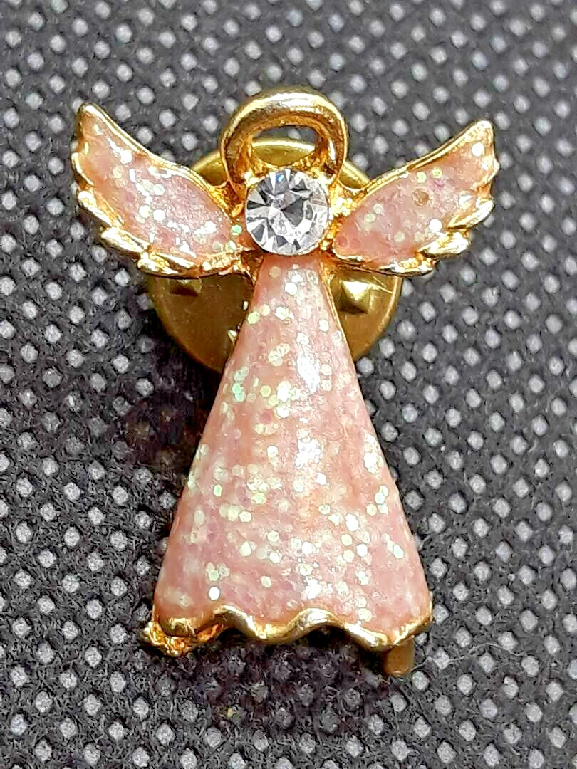 Vtg Angel White Glitter Enamel Gold Tone Rhinestone Lapel Pin