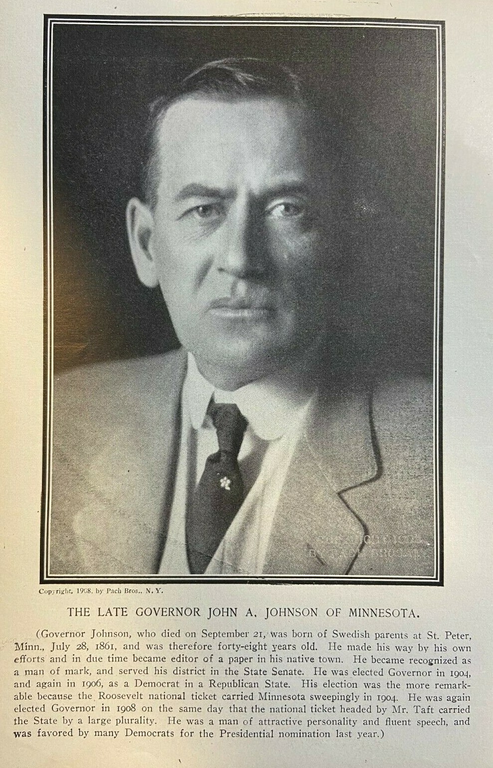 1909 Vintage Magazine Illustration John A. Johnson Minnesota Governor 1909 Vintage Magazine Illustration John A. Johnson Minnesota Governor