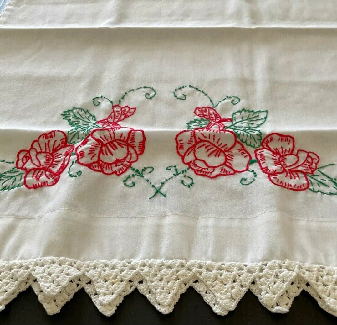pair of Vintage Embroidered & Crochet PILLOW CASES.  Pre owned * Lovely Details