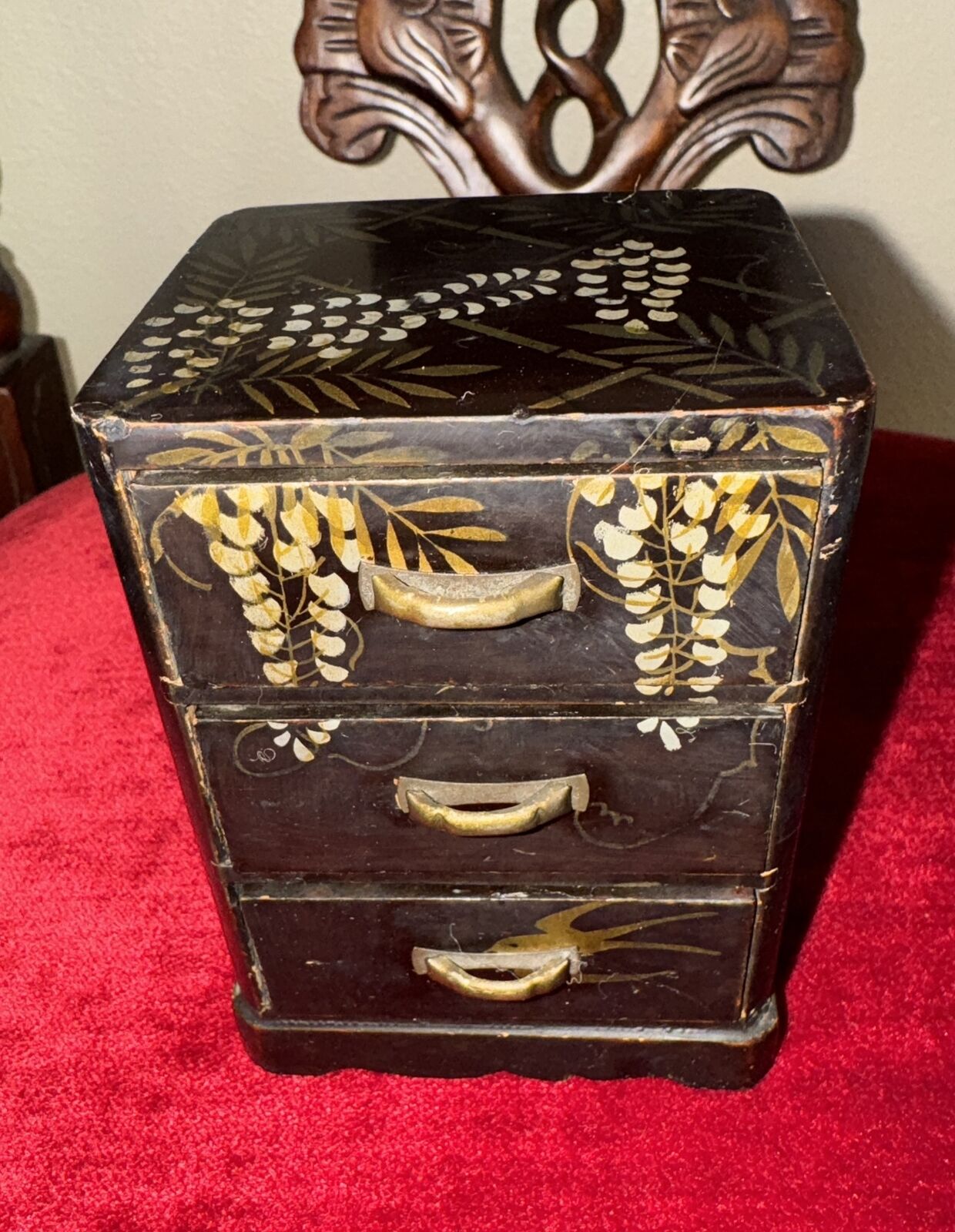 Antique Handpainted Black Lacquered Hand Painted 3-drawer Box KD Japan