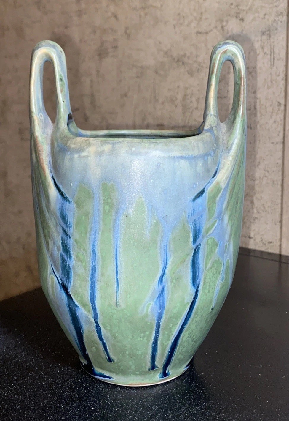 Charles Greber Ceremist Art Nouveau Blue Green Drip Glazed Vase 7” W/Hands 1920s