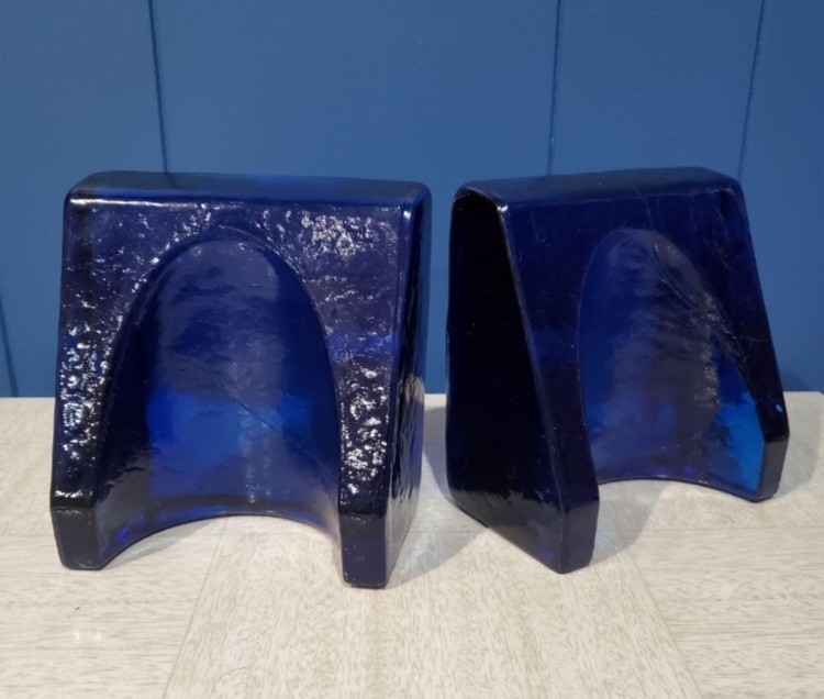 Blenko Glass Vintage MCM Cobalt Blue Wayne Husted Shovel Wedge Heavy Bookends