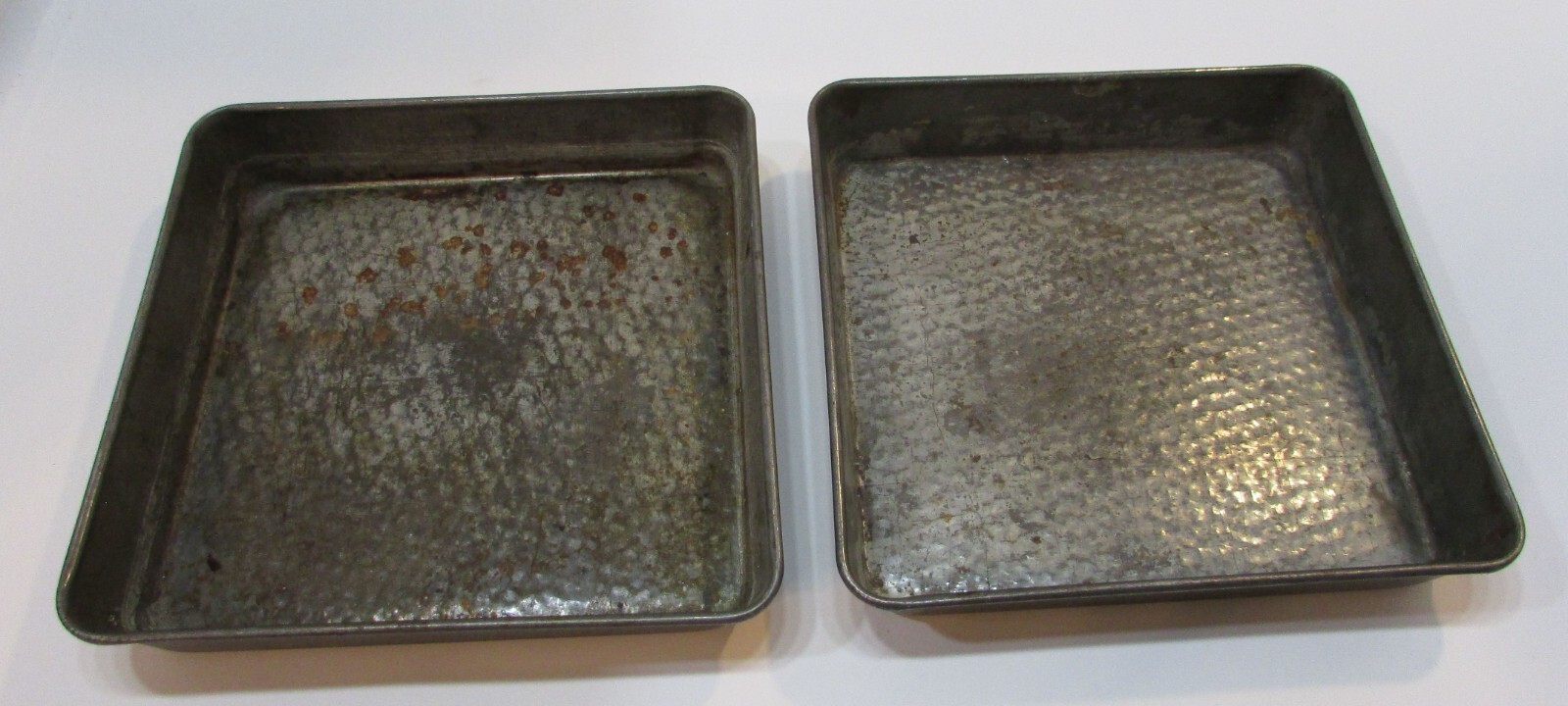 Pair Primitive Old 1910s Textured Tin Small Shallow 1x7 Antique Square Bake Pans