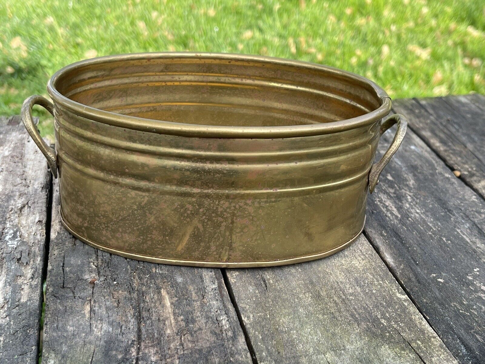 Vintage Oval Brass Tub Planter With Handles