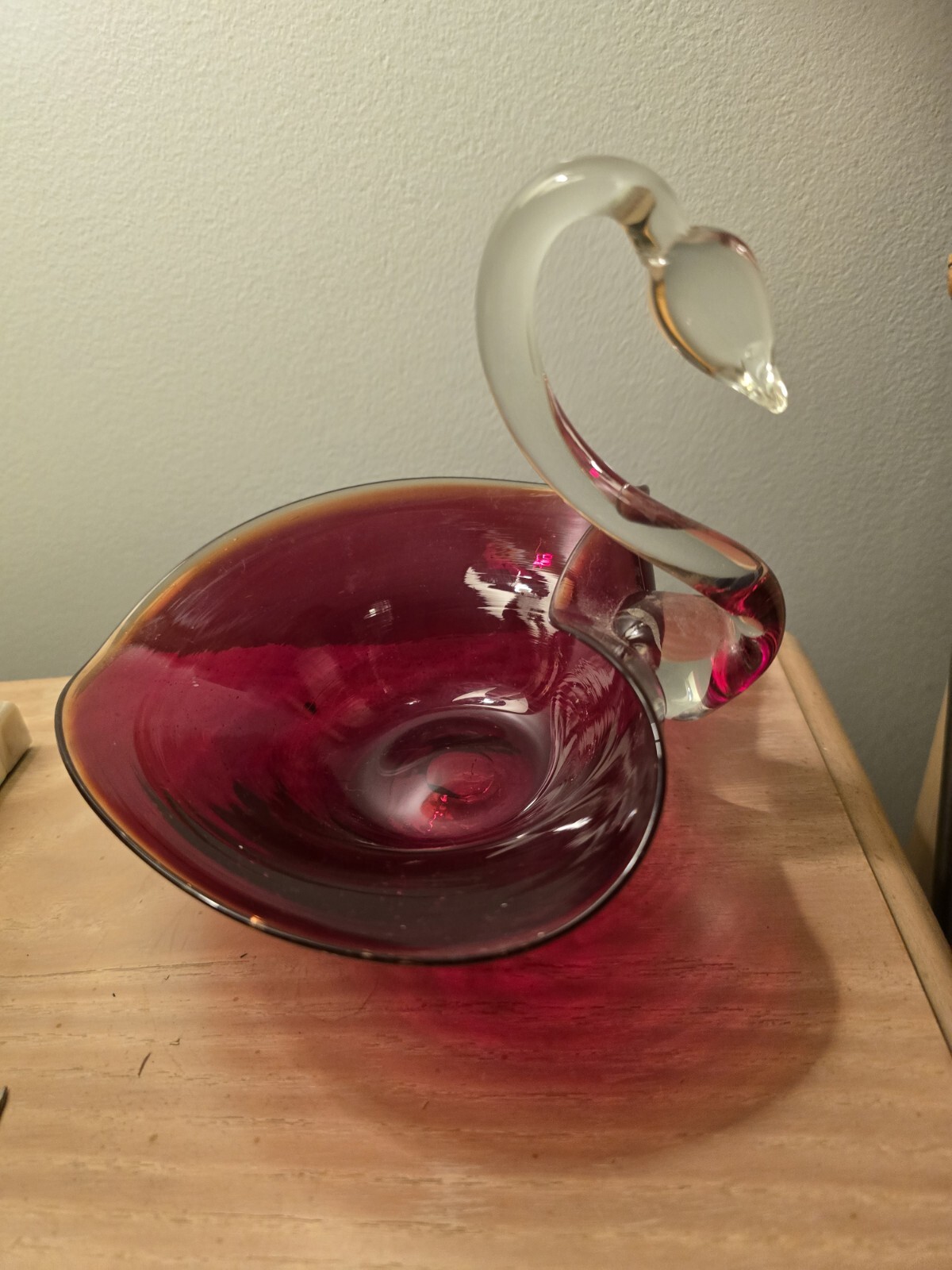 Duncan Miller Vintage Ruby Red & Clear Glass Swan Candy Dish 5 1/2\