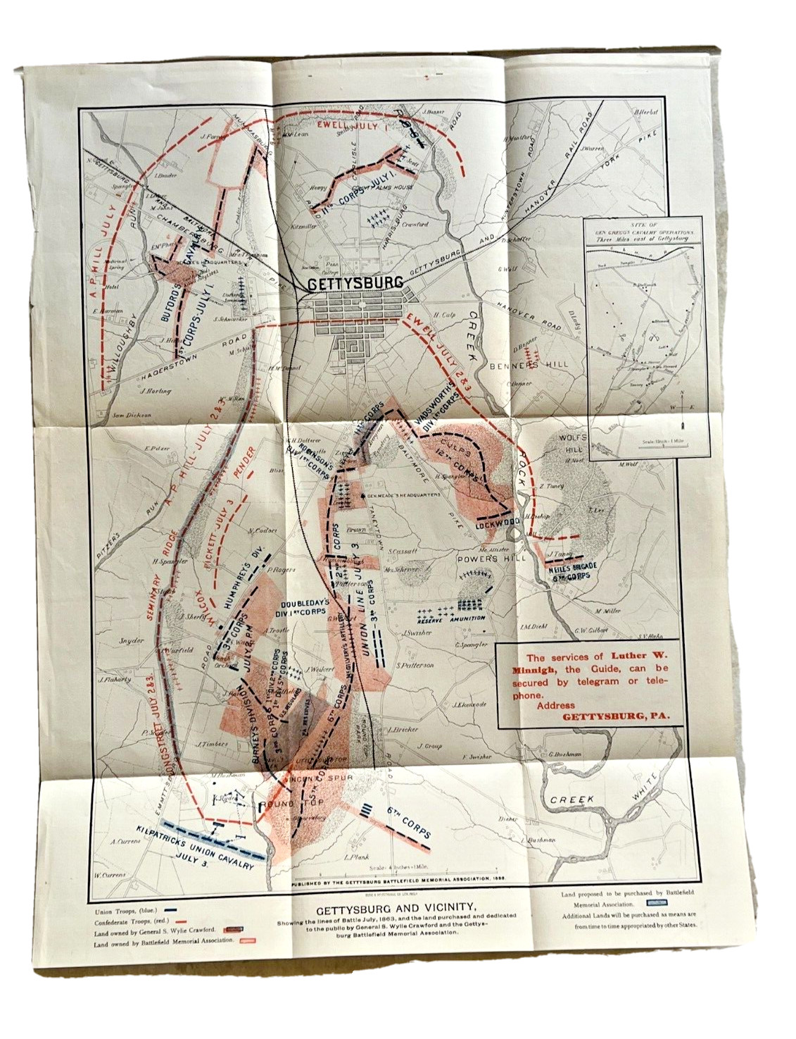 Gettysburg Battlefield Memorial Association Lines Of Battle Rare Map  1888
