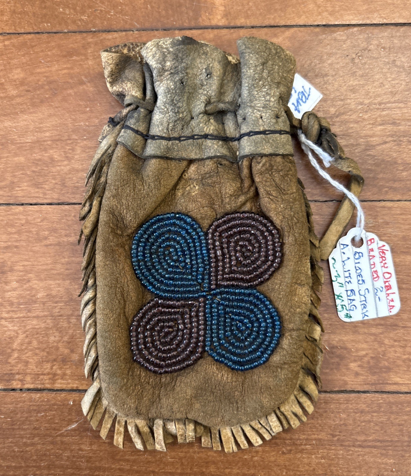 Antique Native American Beaded Tobacco Bag Pictorial Lined Beaded Bag 1900s