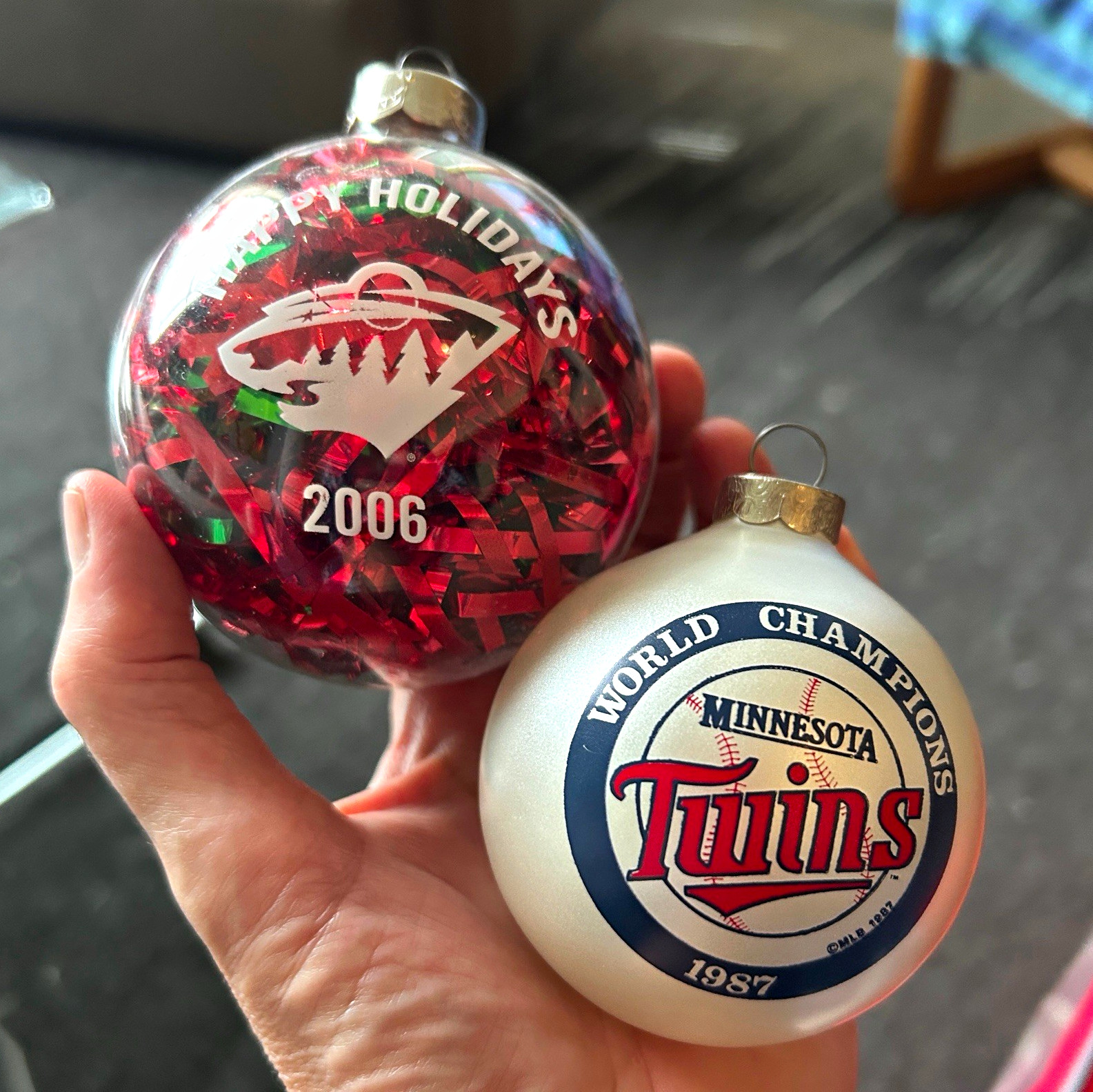 Set of 2- 1987 Minnesota Twins & 2006 Minnesota Wild Tinsel Christmas Ornaments 