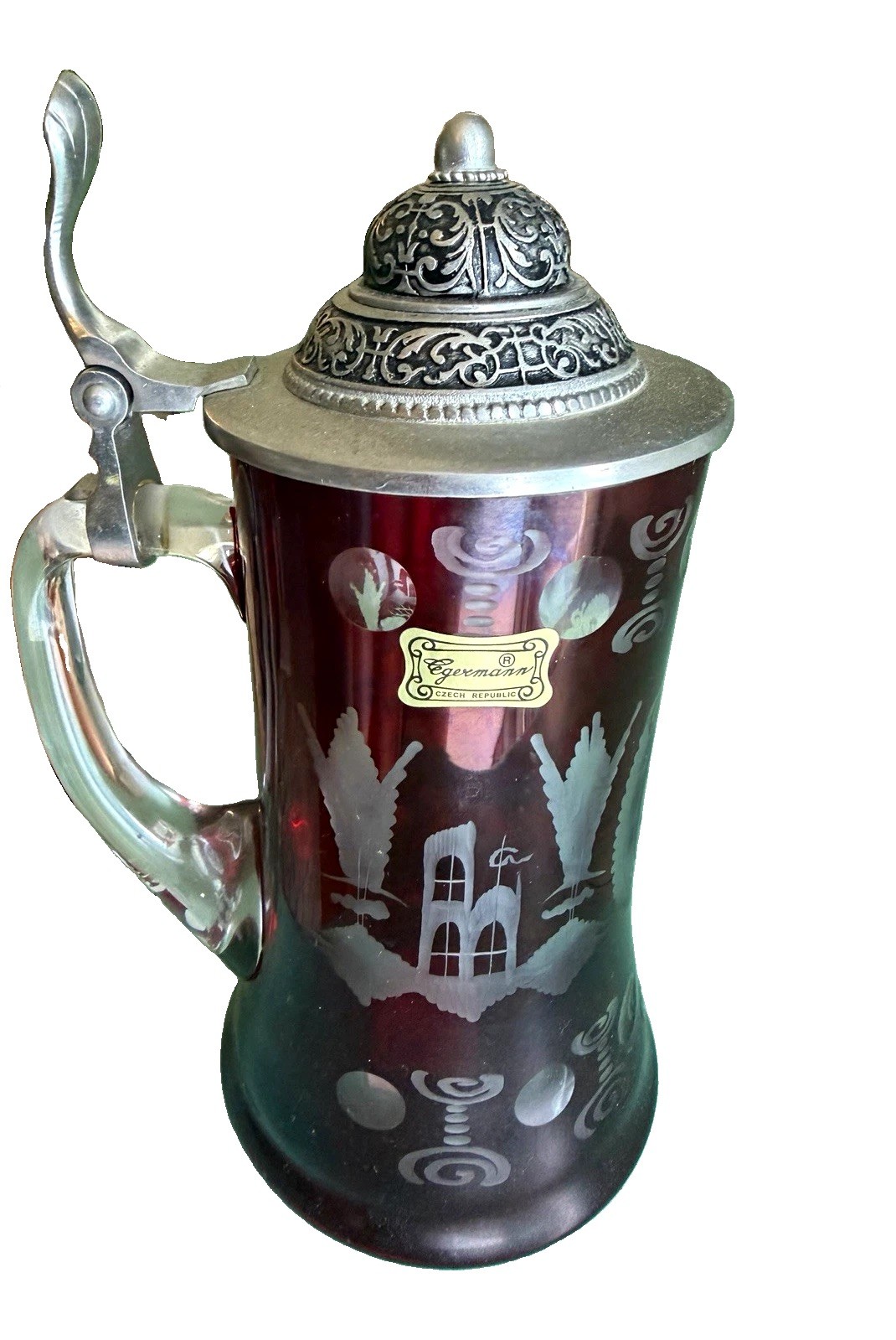 Egermann Czech Republic Red Etched Glass Beer Stein Mug w/ Metal Lid & Handle