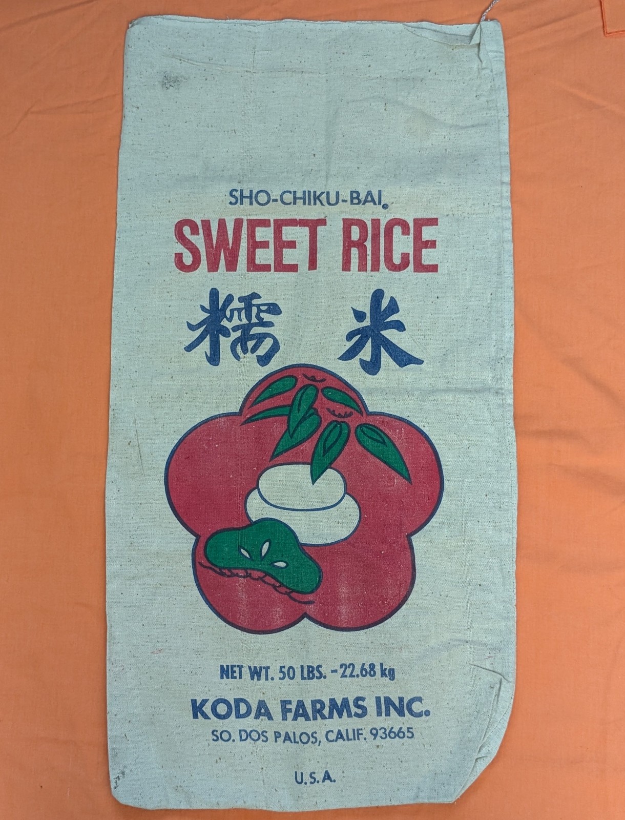 Vintage 50lb Sho-Chiku-Bai Sweet Rice Sack - Koda Farms - Burlap