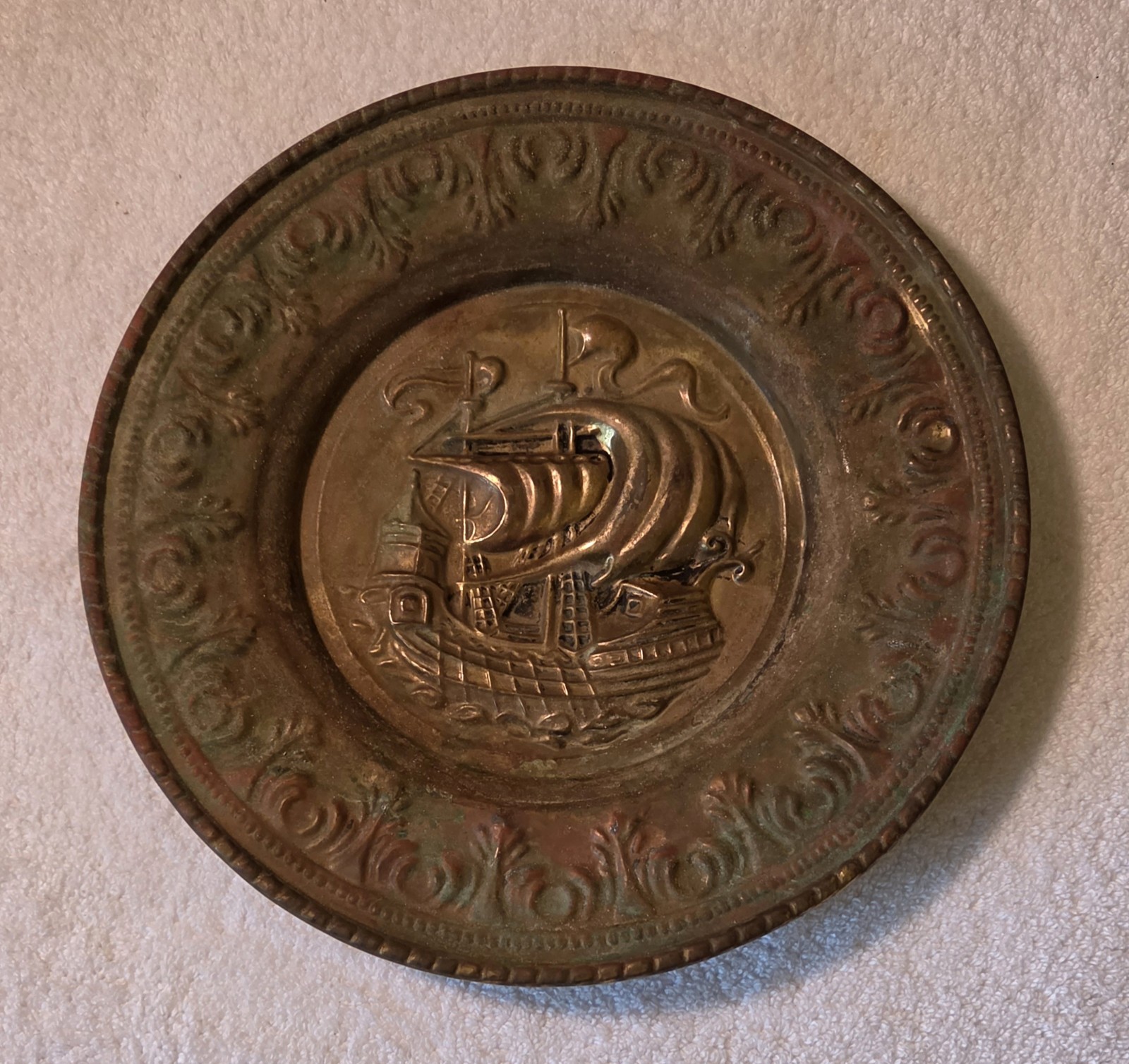 Vintage English Embossed Brass Sailing Ship Wall Plaque (11.5-Inch) with Origina
