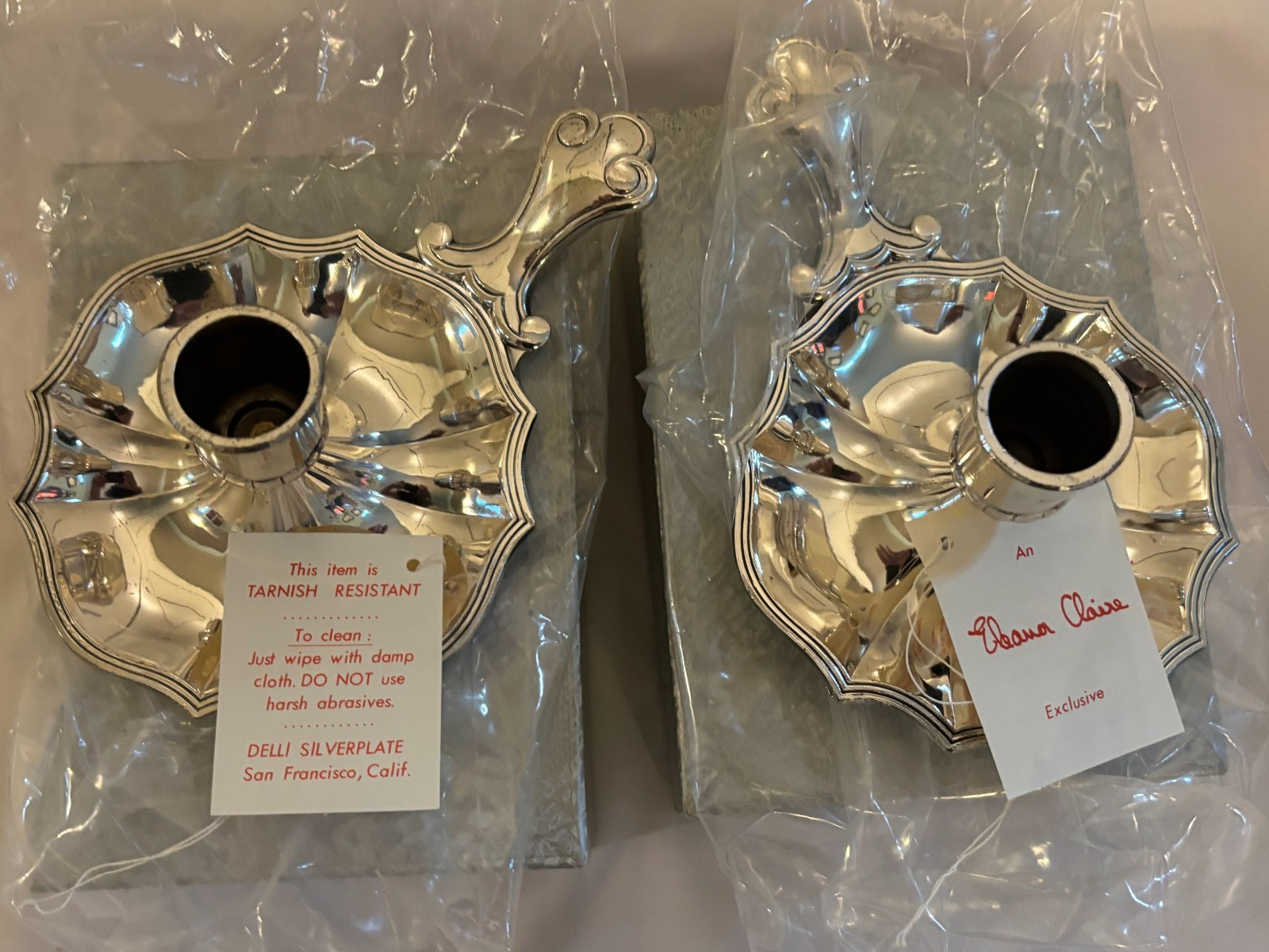 Vintage Elana Claire Delli Silverplate Chamberstick Candle Holders Pair Boxed