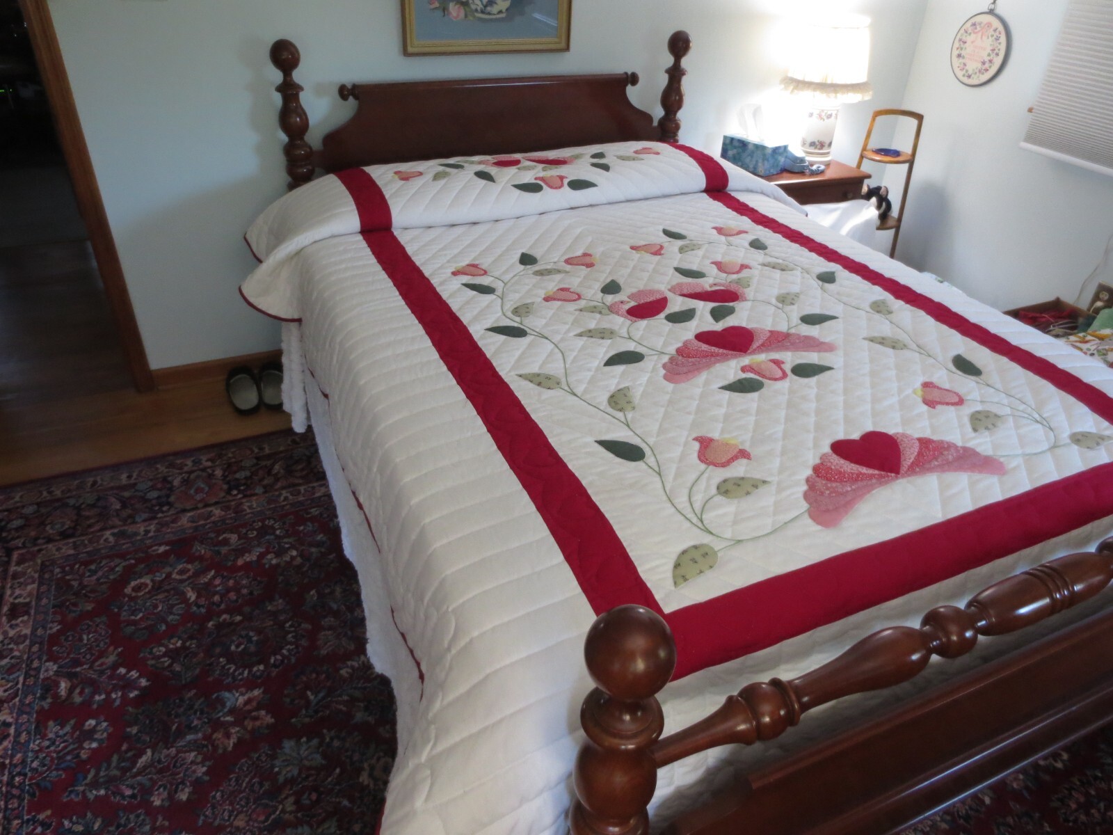 Hand Appliqued & Quilted PA DUTCH LOVE BIRDS DESIGN Cotton QUILT #1 - 74\