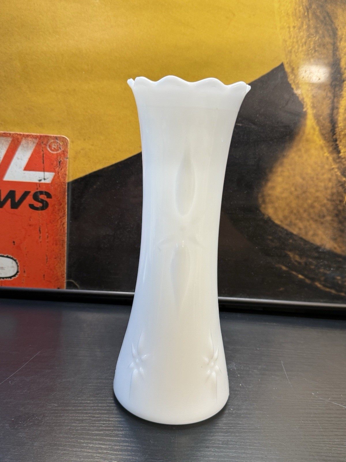 Vintage E.O. Brody White Milk Glass Starburst Vase 10” Scalloped Rim