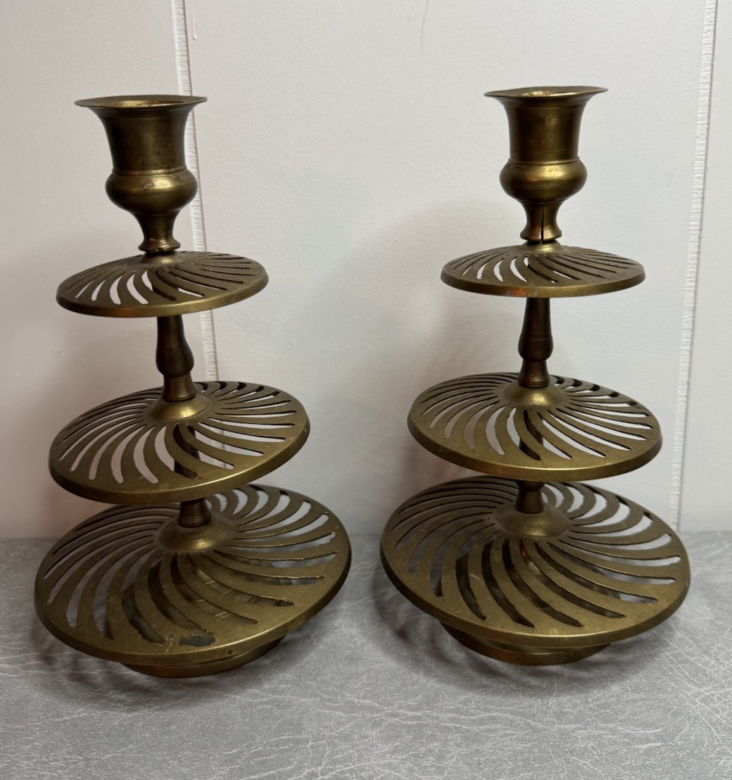 Antique Arts & Crafts MCM Minimalist Swirl Cut Out Pair of Brass Candlesticks