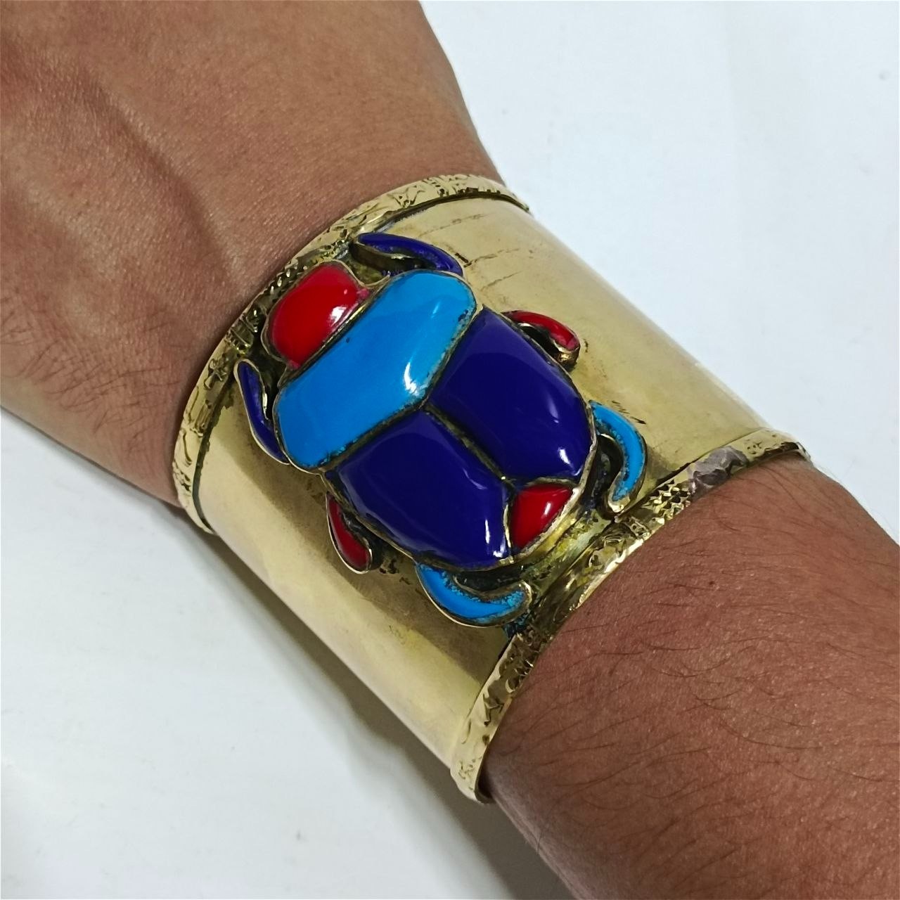 Handmade copper scarab bracelet inlaid with colorful stone Egyptian jewelry gift