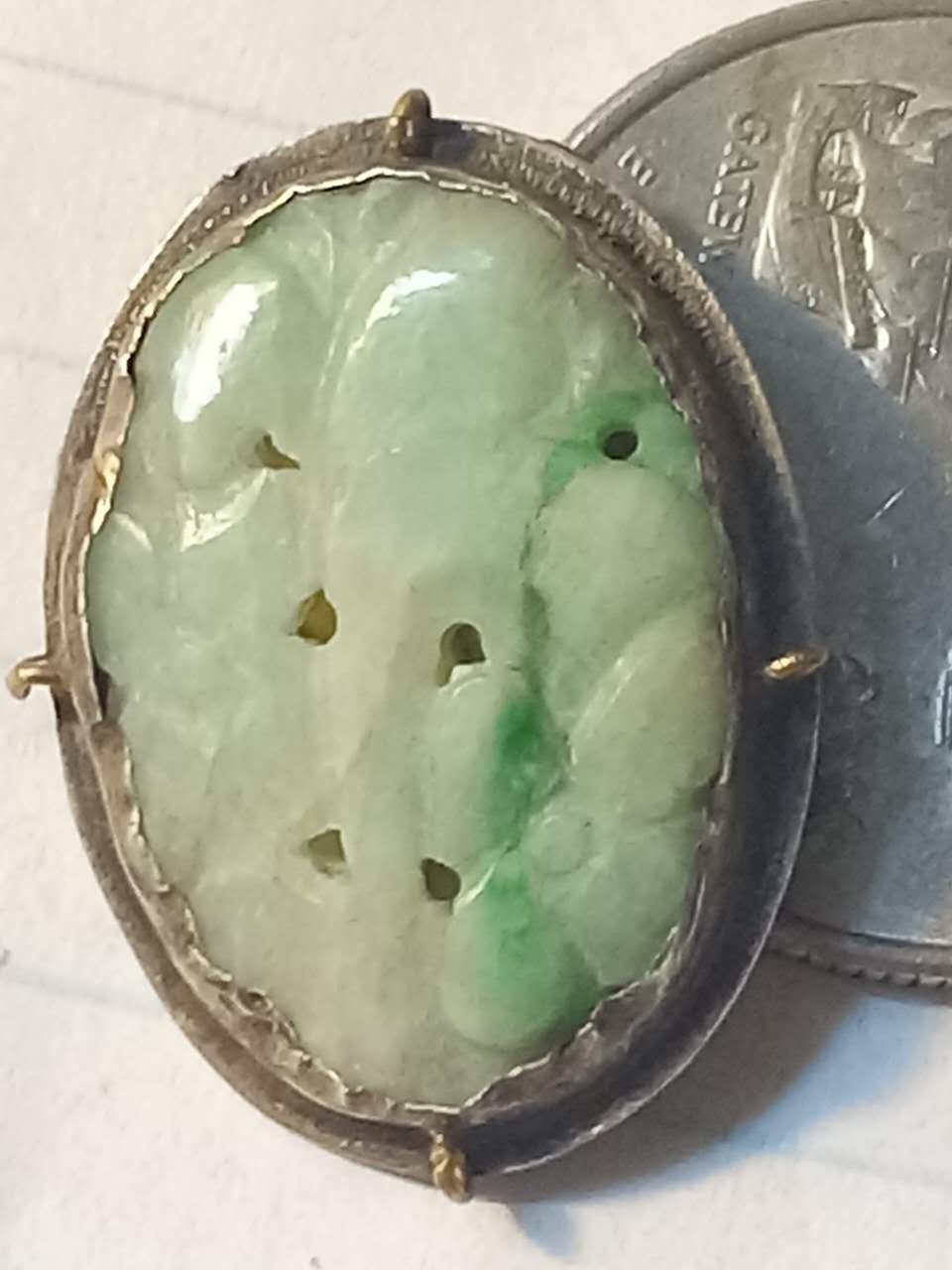 Vintage Chinese Asian Sterling Silver Carved Green Jade Jadeite Dress Shoe Clip
