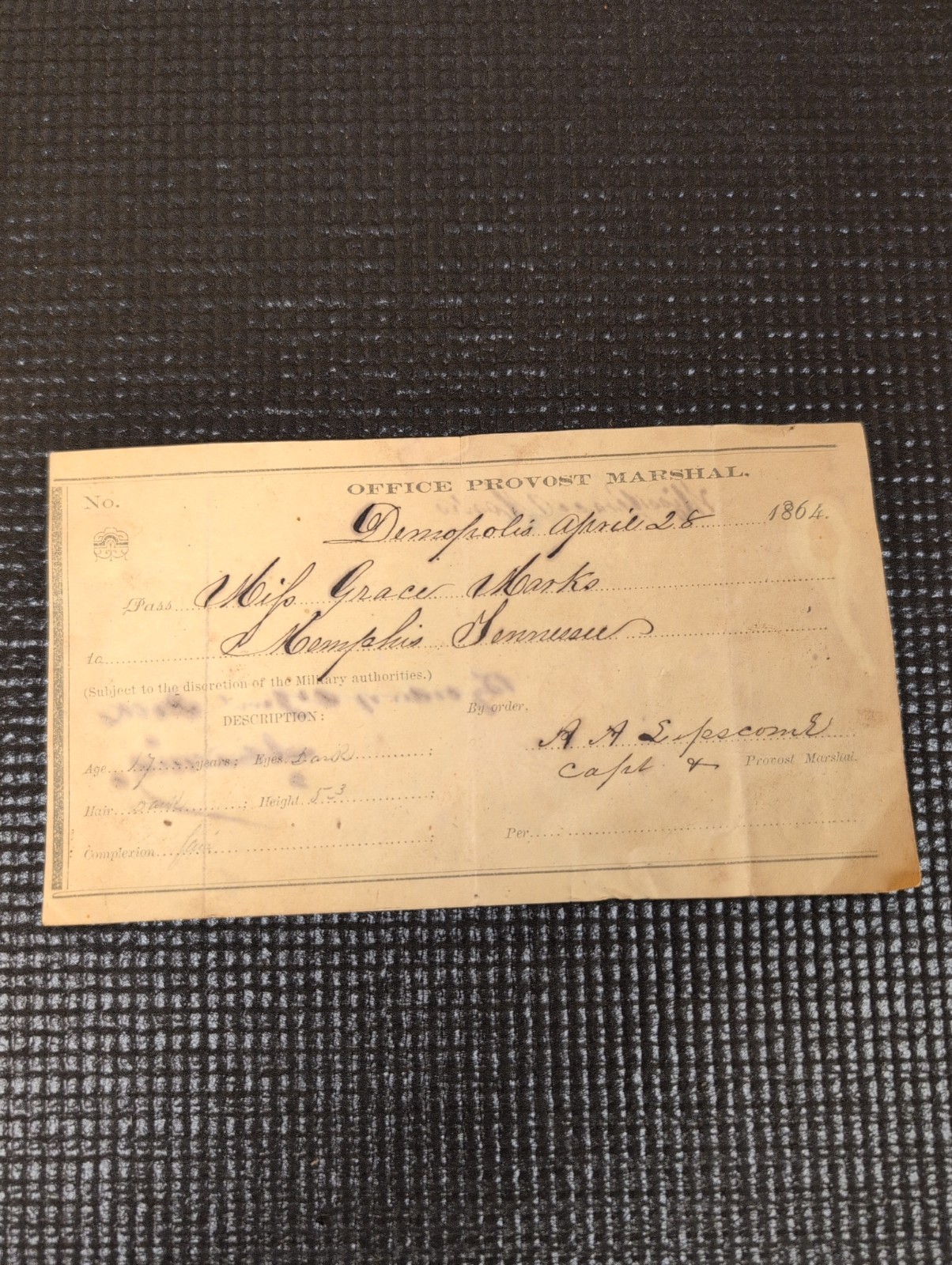Original 1864 Civil War Military Pass To Memphis Tennessee - Provost Marshal 