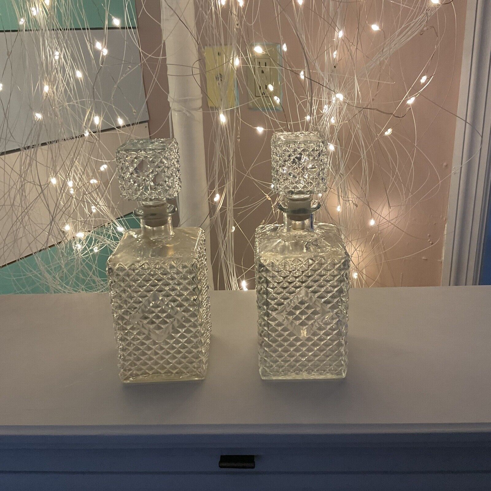 Vintage 1960s Pair Of Square Diamond Accented Glass Decanters. See pics for flaw