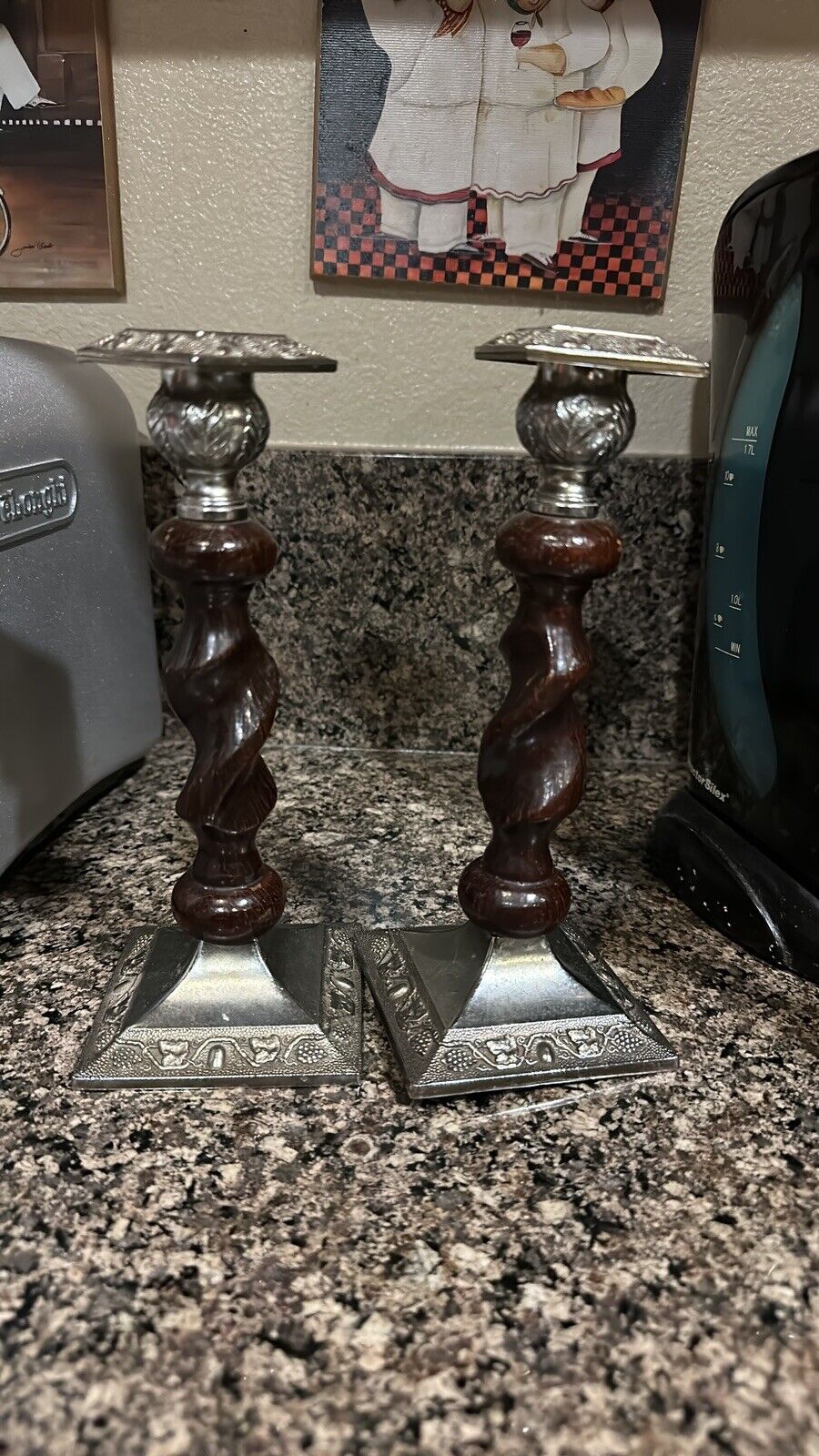 Rare Wooden Barley Twist Candlesticks w/ Silver Top And Square Base With Etching