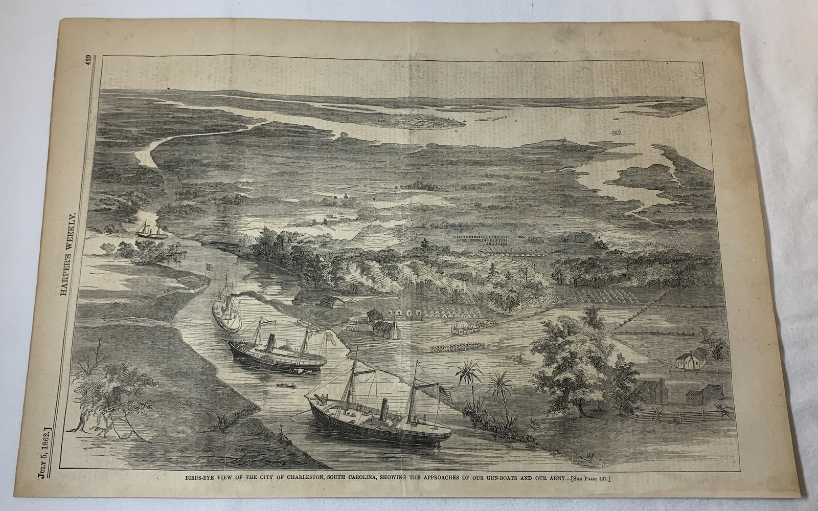 1862 magazine engraving~ BIRDS EYE VIEW OF CHARLESTON, SC