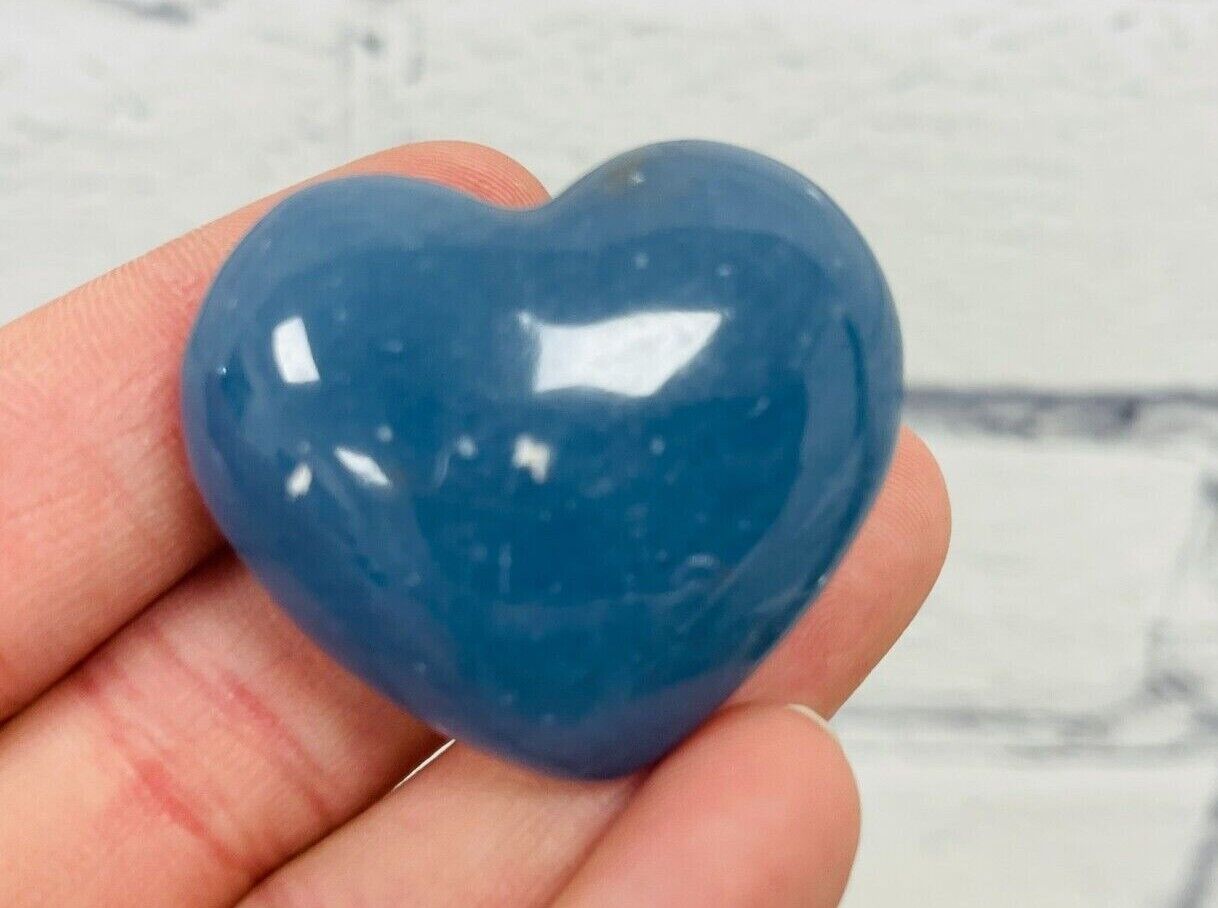 Blue Angelite Heart Palm Stones, Polish Reiki Massage Pocket stone, Pick a size