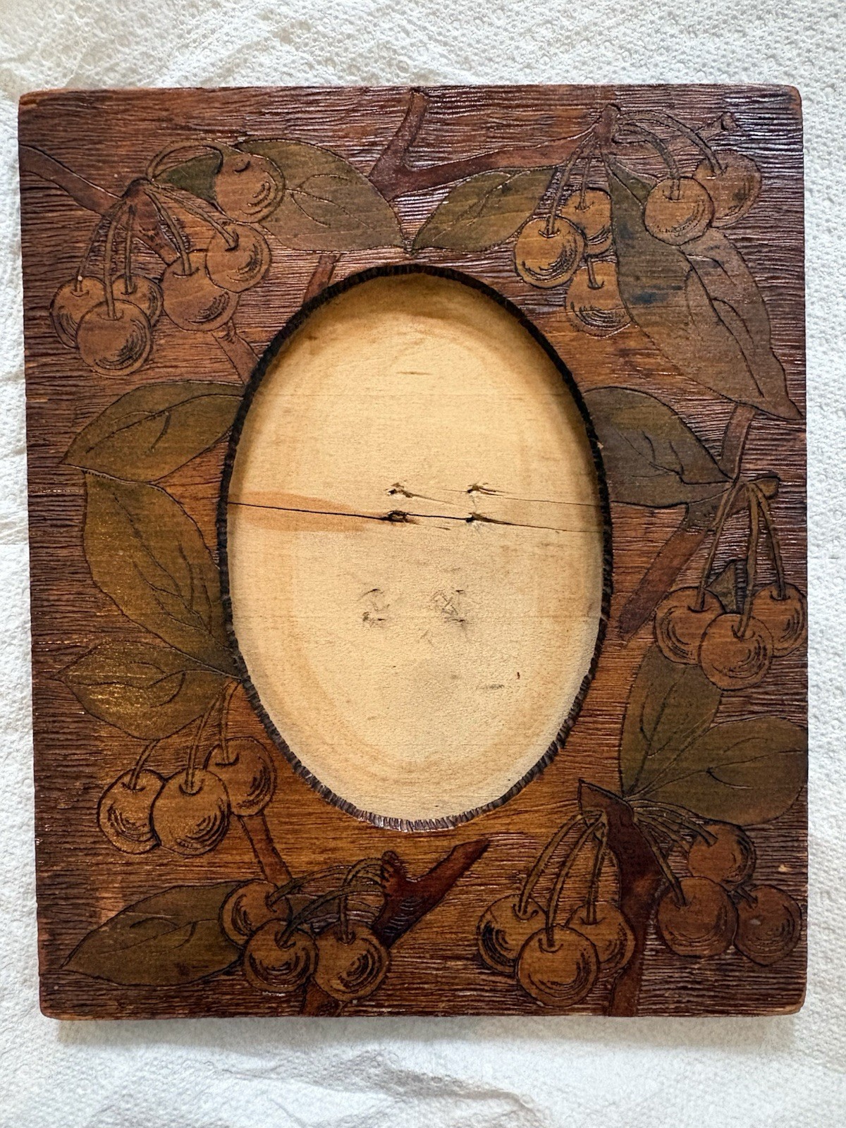 Antique 1903 Pyrography Wooden Picture Frame Hand-Carved / Wood-Burned Cherrie