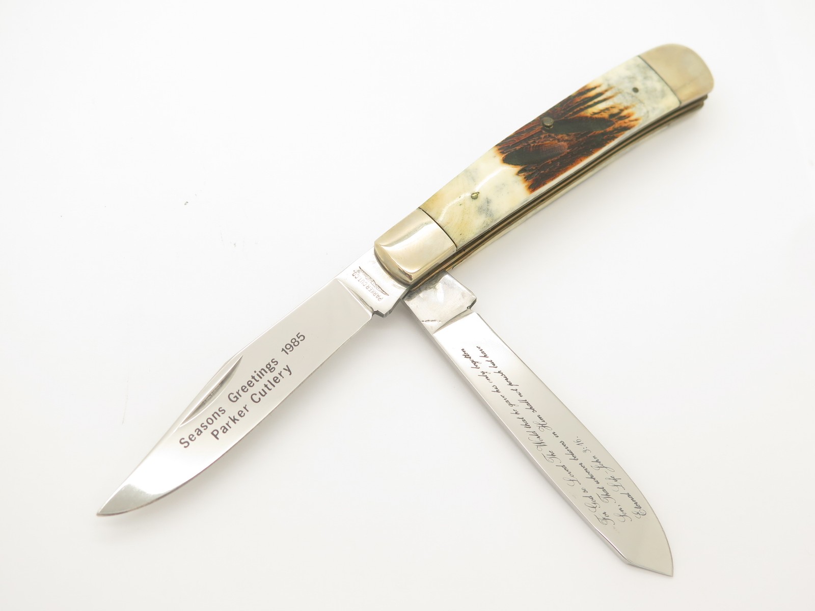 Vtg 1985 Parker Cut Co. Seki Japan Season Greetings Bone Handle Folding Knife